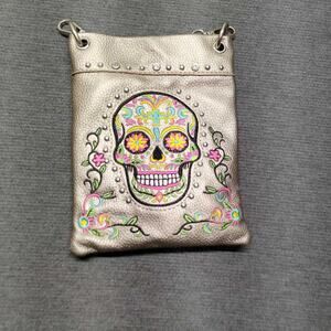 American Bling Silver Skull Day of the Dead Embroidered Mini Crossbody Bag